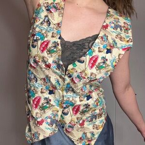 Vintage 111 Main Teddy Bear Print Button Front Vest Cottagecore L